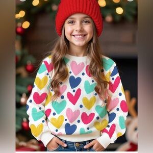 Shein Leap Crew Heart Printed Sweatshirt Multicolor Heart Print Girl’s Size 12